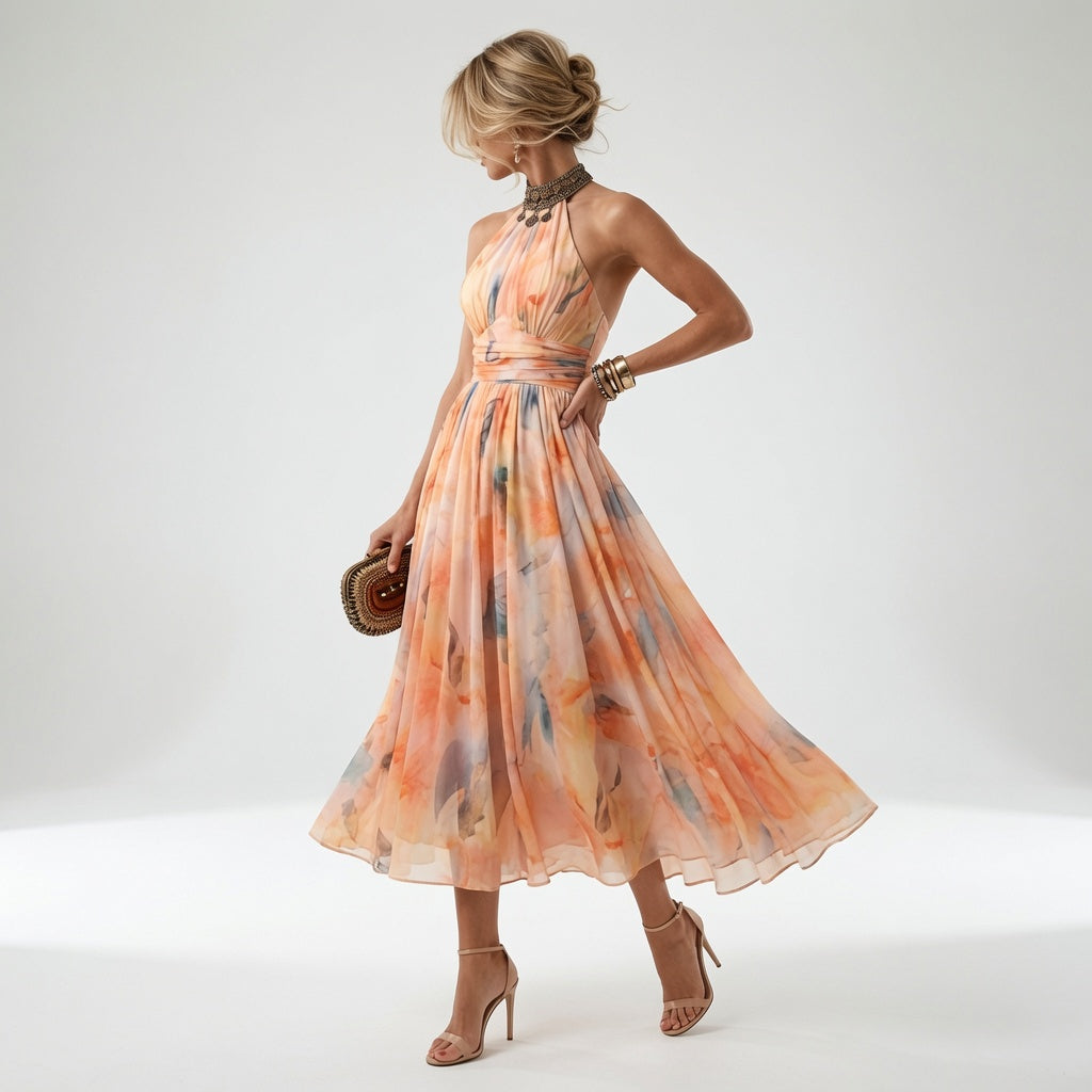Halter Neckline Dress with Watercolor Print - Aurora