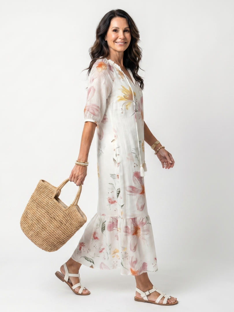Tiered Midi Dress with Pom Poms and Soft Floral Print