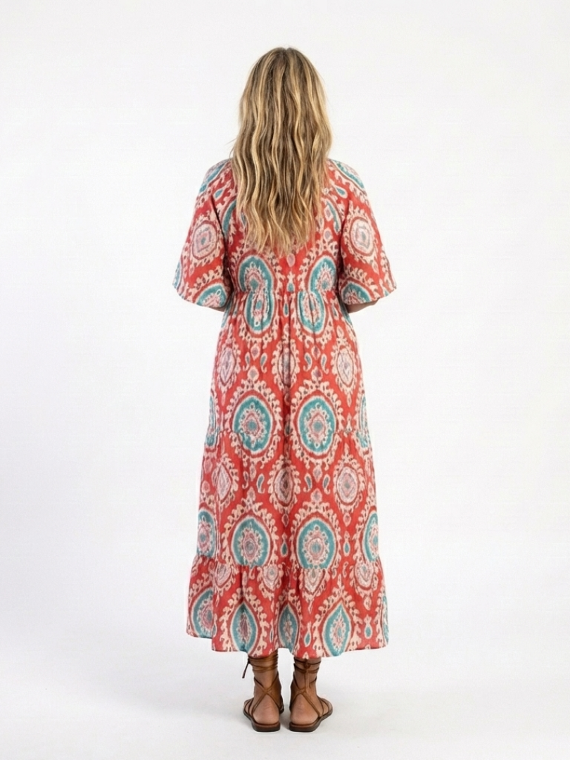 Short Sleeve V Neck Midi Dress with Paisley Print