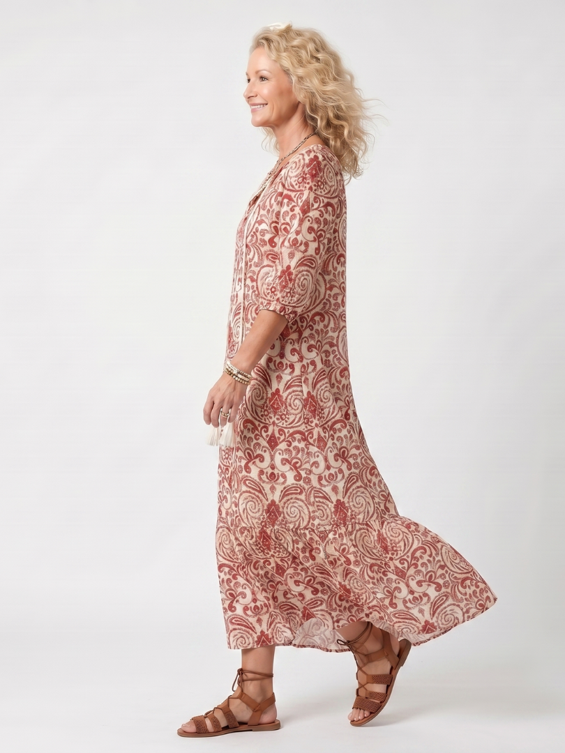 Tie Front Midi Dress with Ornamental Print