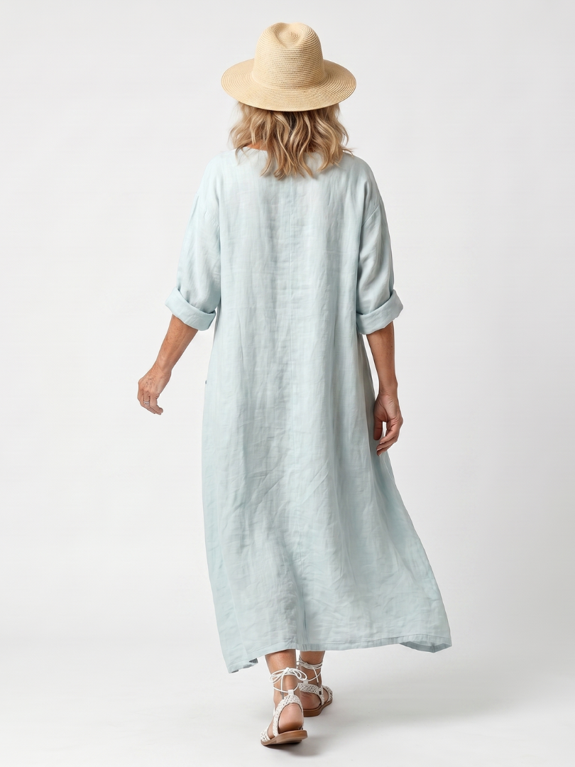 Oversized Midi Dress with Ornamental Embroidered Panel and Pockets