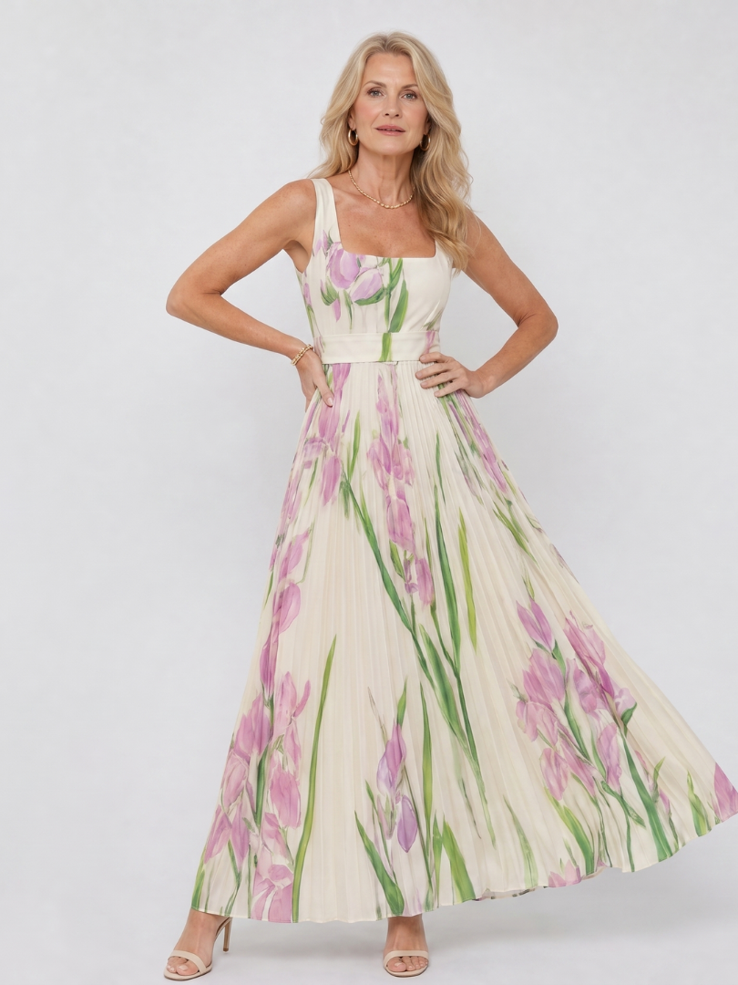 Sleeveless Satin Midi Dress with Square Neckline and Elegant Pleats