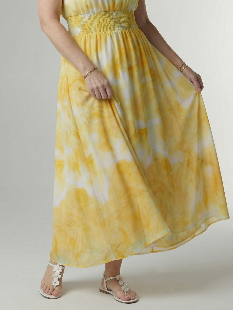 Midi Dress with Gathered Halter Neckline - Yellow
