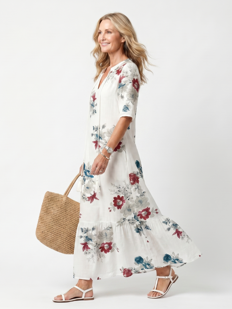 Tie Front Midi Dress with Scattered Floral Print