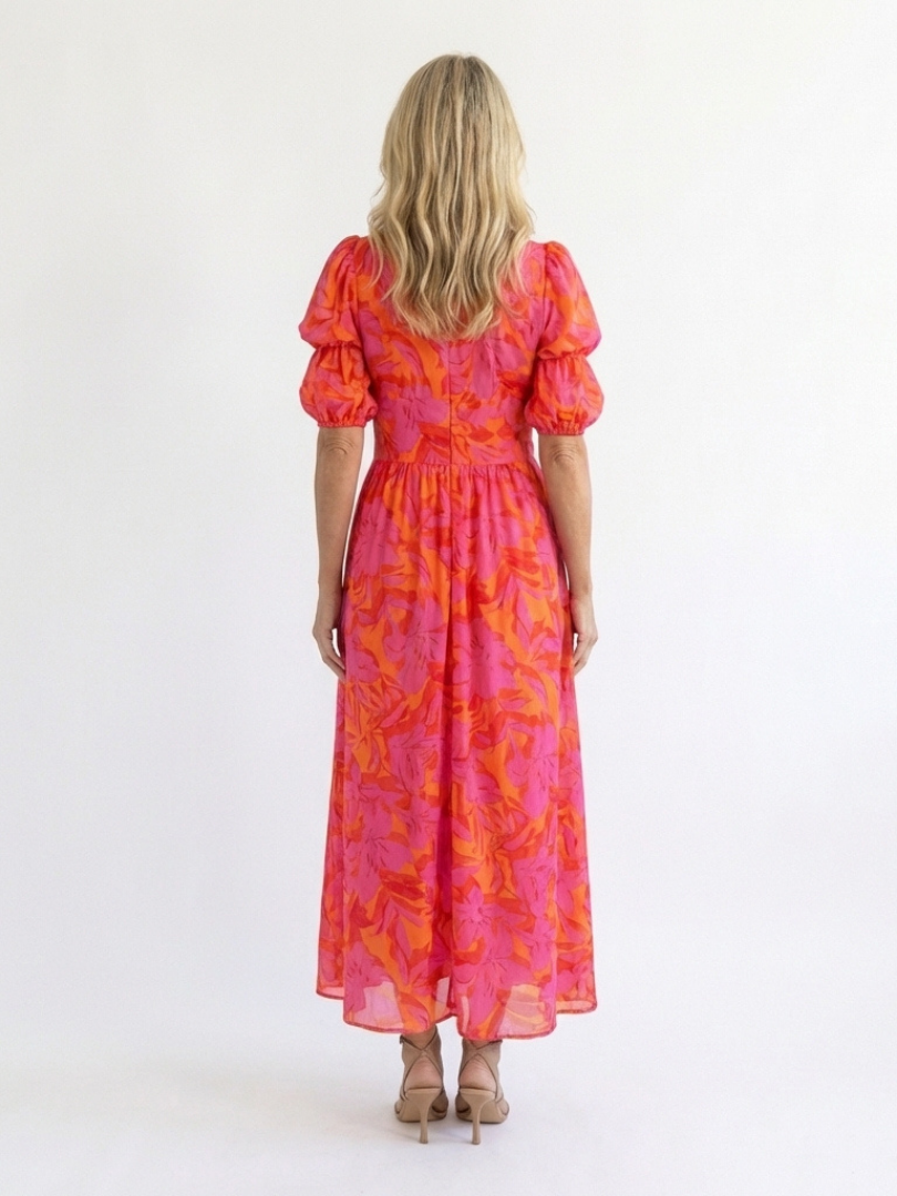 Floral V Neck Midi Dress with Puff Sleeves