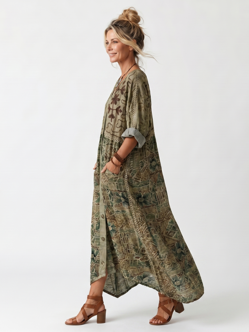 Oversized Button Front Embroidered Midi Dress with Pockets