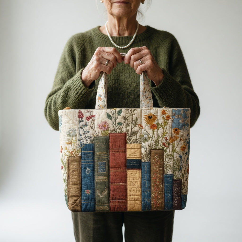 Artisan Tote Bag Books and Flowers