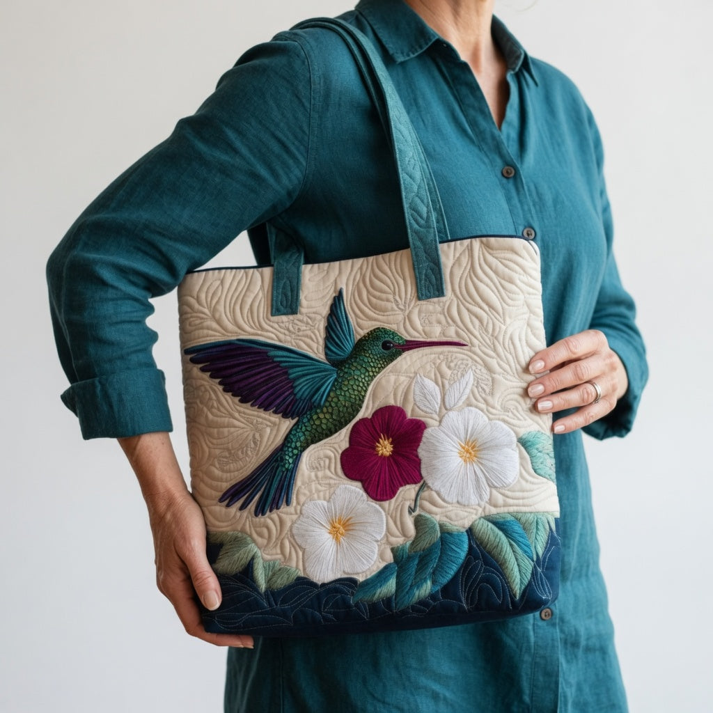 Artisan Tote Bag Hummingbird and White Flower