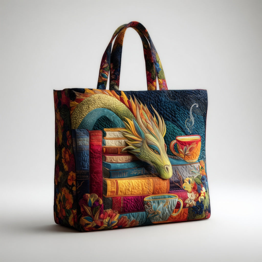 Artisan Tote Bag Dragon Reader with Books and Cups