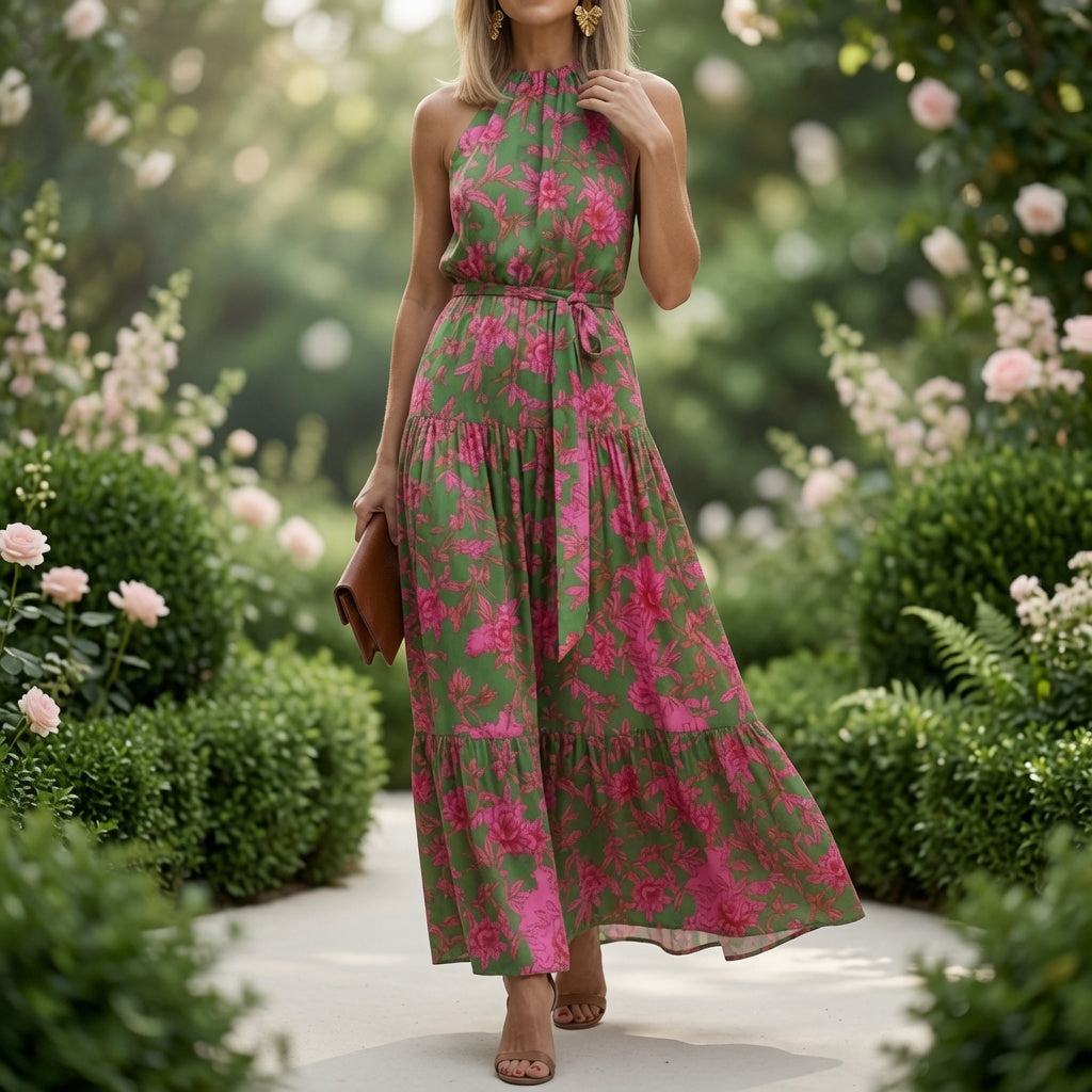 Draped Pink Midi Dress with Elegant Halter Neckline