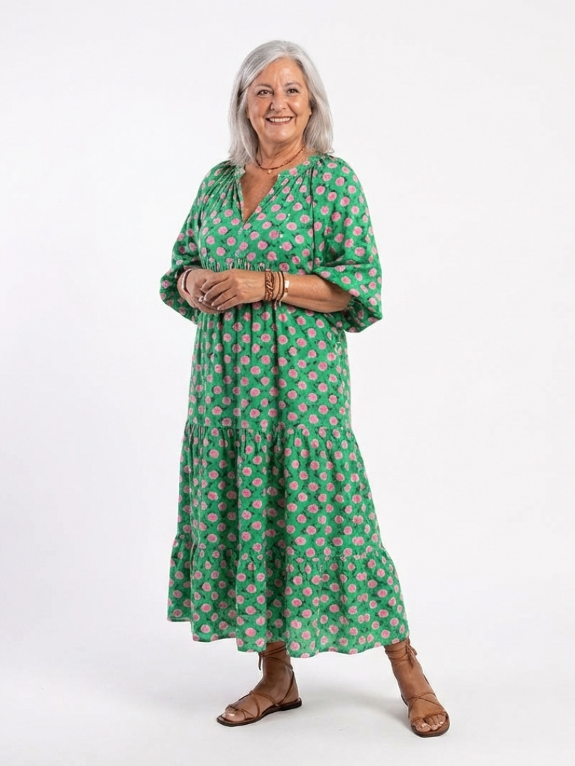 Tiered V Neck Midi Dress with Floral Print