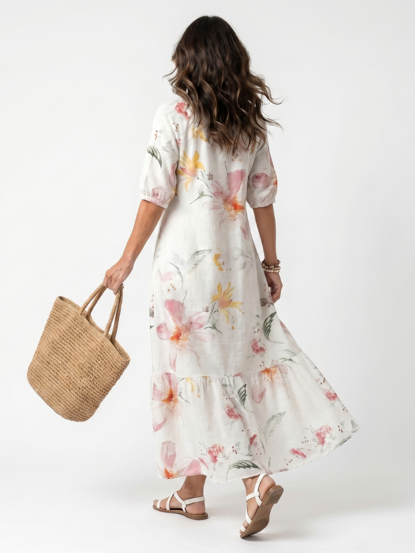Tiered Midi Dress with Pom Poms and Soft Floral Print