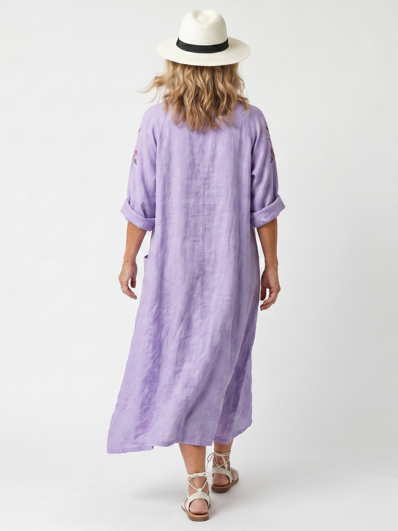 Oversized Floral Embroidered Midi Dress with Pockets