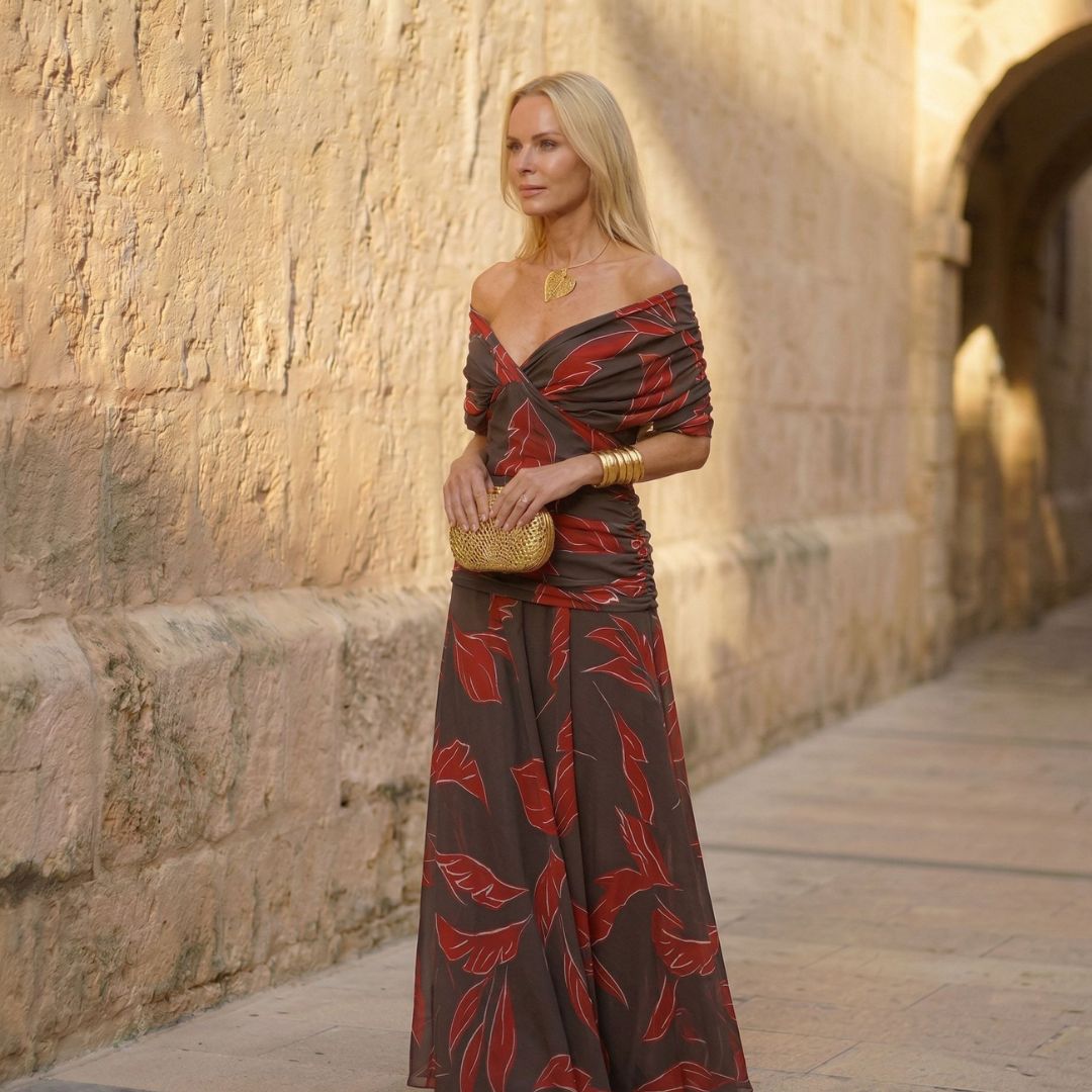 Elegant Dress with Leaf Print - Poppy