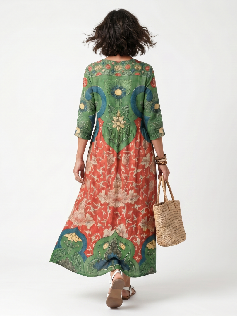 V Neck Midi Dress with Mixed Print and Pockets