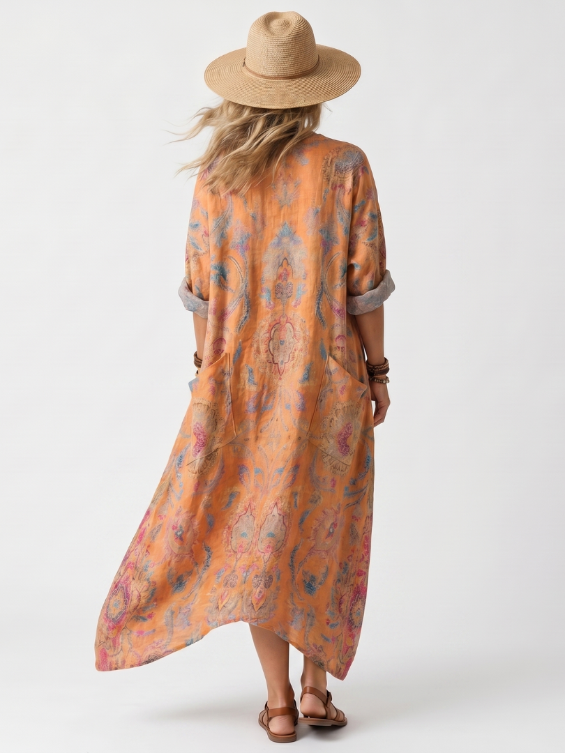 Oversized Printed Midi Dress with Notched Collar and Pockets