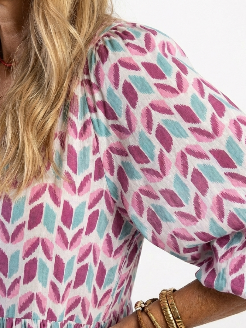 Tiered Long Sleeve Midi Dress with Geometric Print