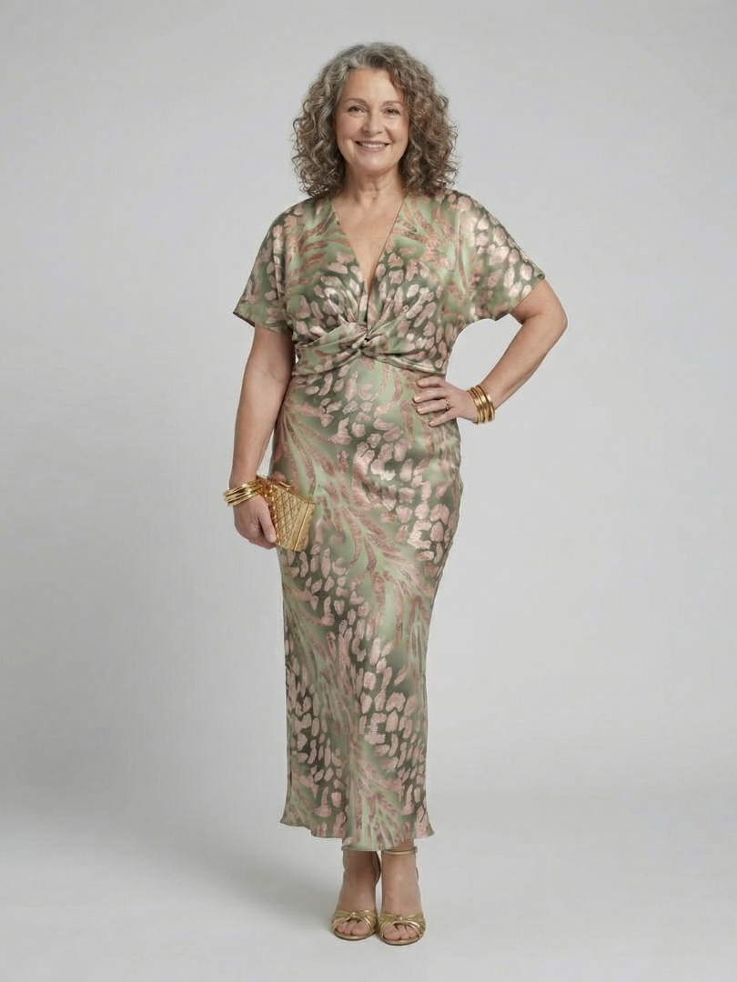 Abstract Print Midi Dress with V Neckline and Twisted Waist