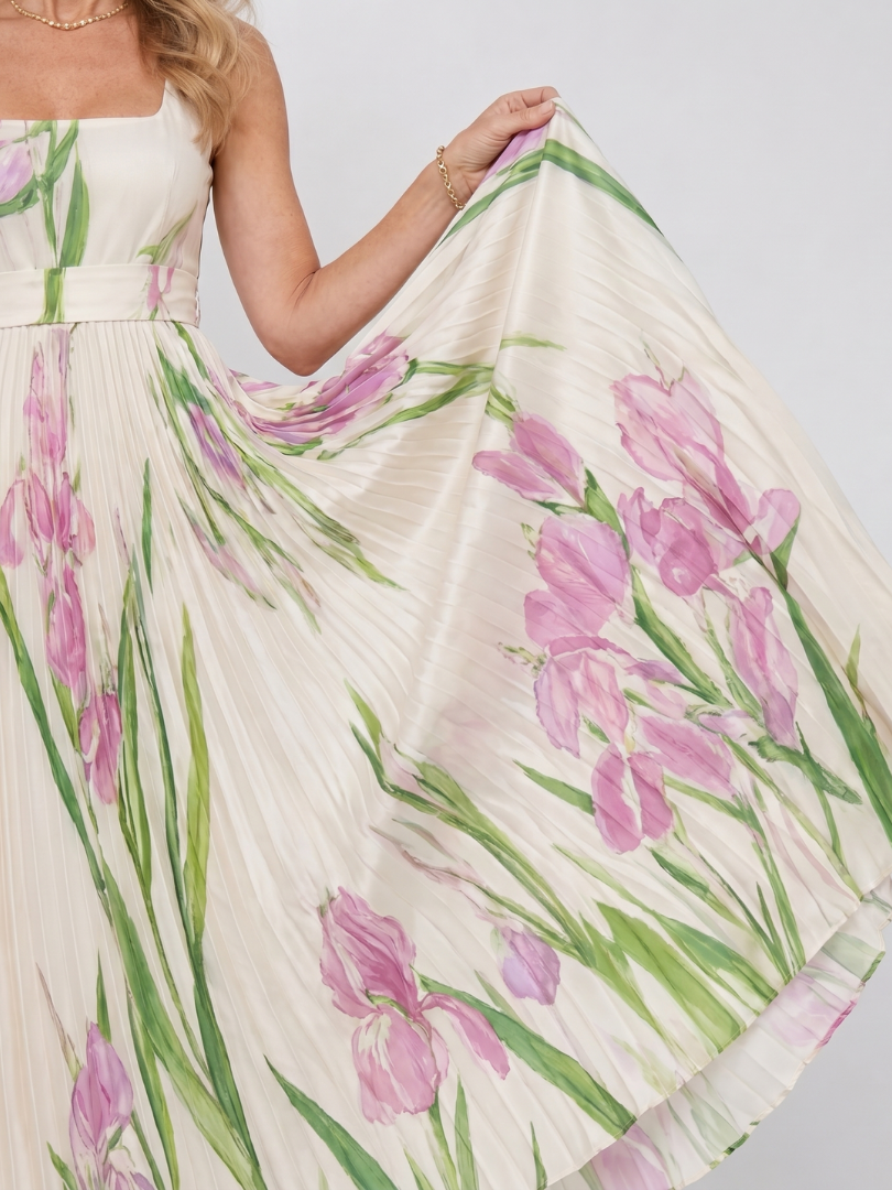 Sleeveless Satin Midi Dress with Square Neckline and Elegant Pleats