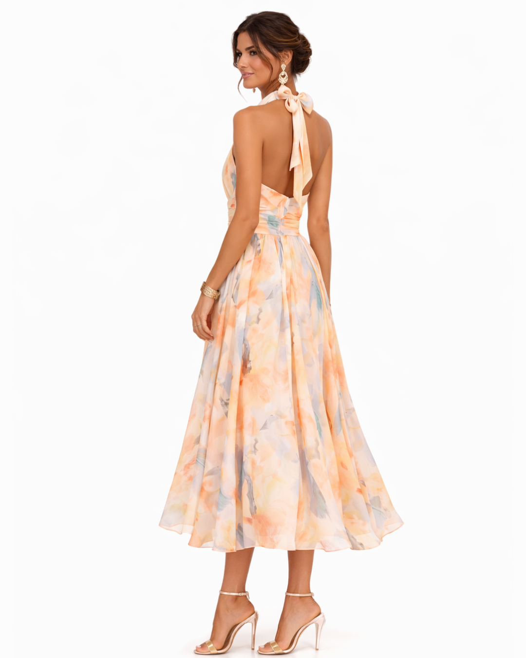 Elegant Flowy Midi Dress with Refined Artistic Print