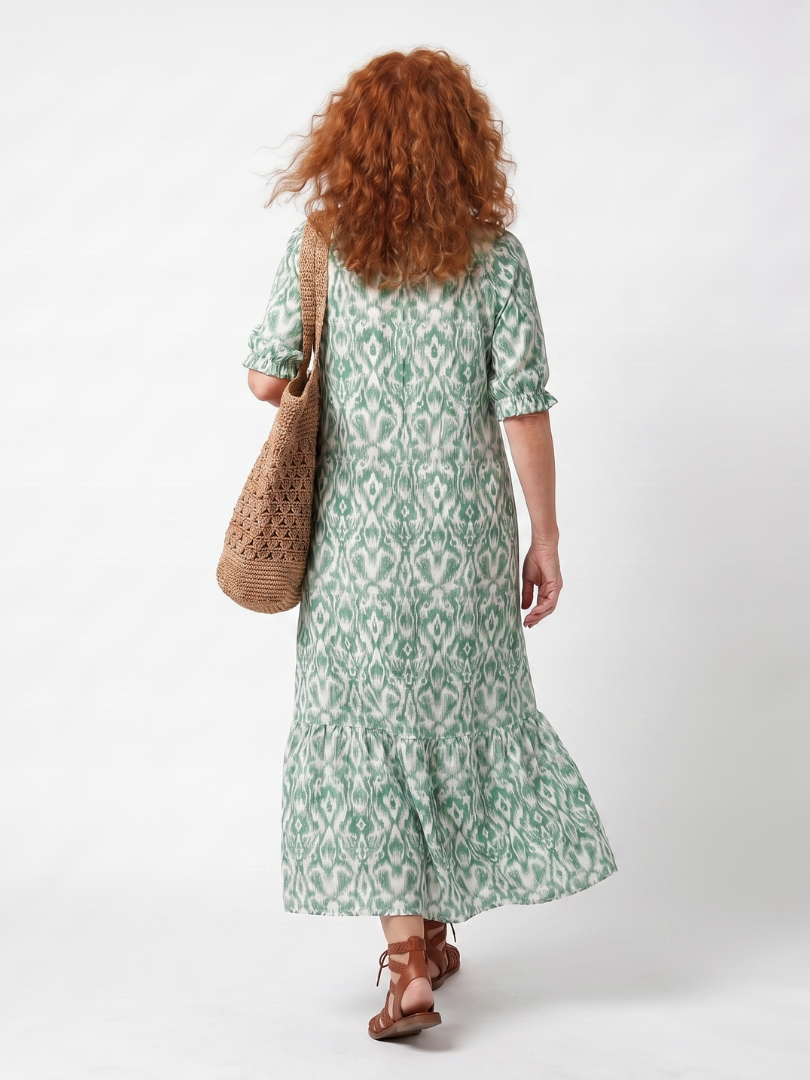Printed V Neck Tie Front Midi Dress