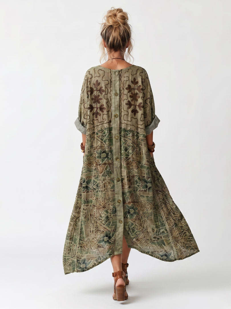 Oversized Button Front Embroidered Midi Dress with Pockets