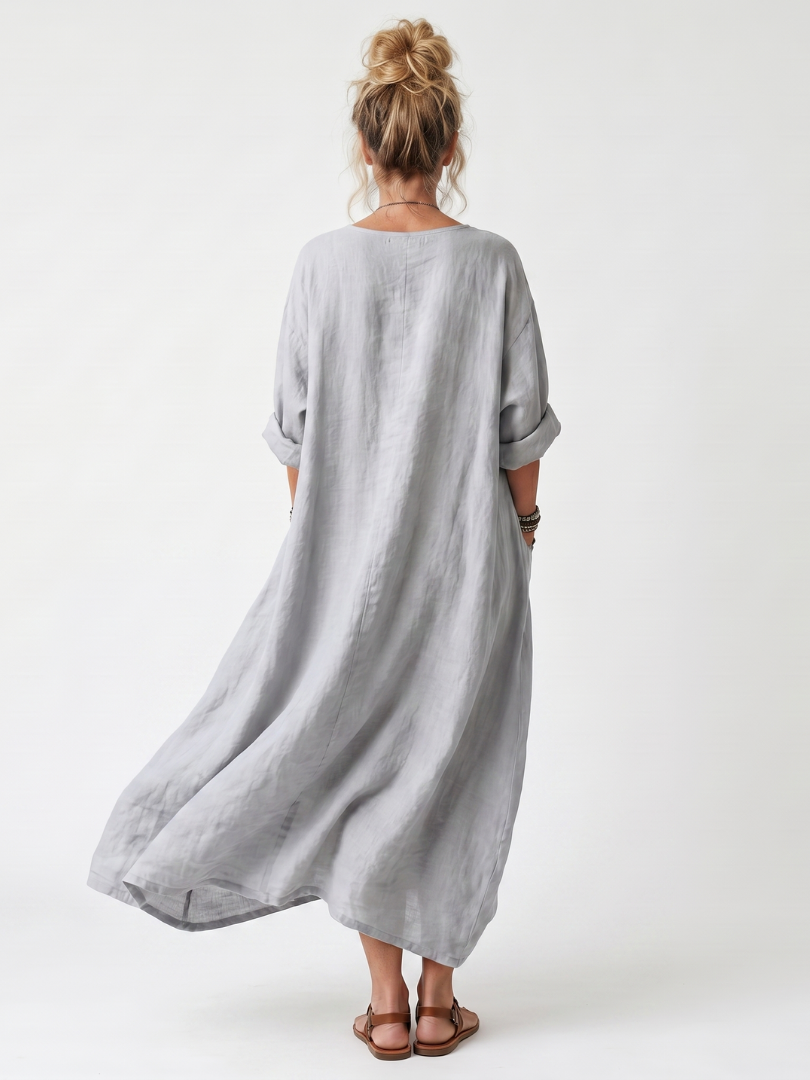 Oversized Midi Dress with Contrast Embroidered Panel and Pockets