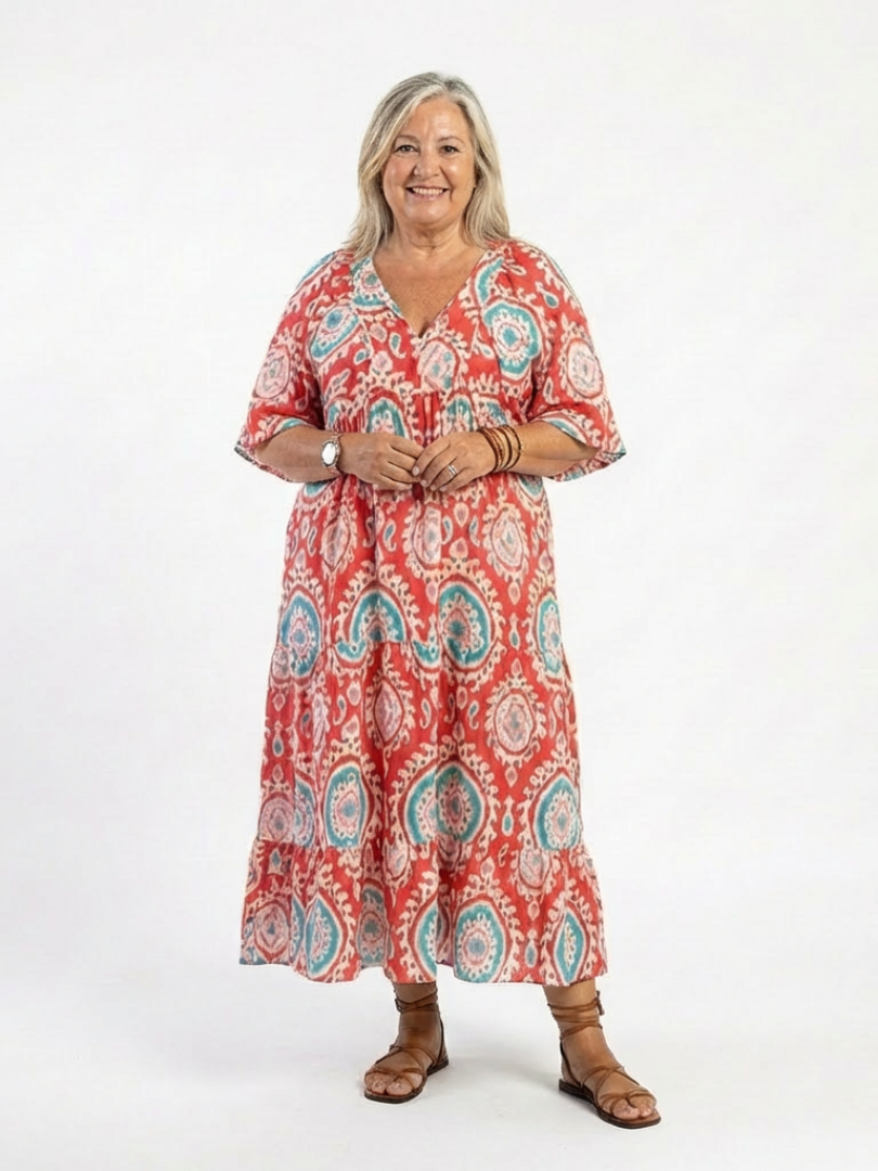 Short Sleeve V Neck Midi Dress with Paisley Print