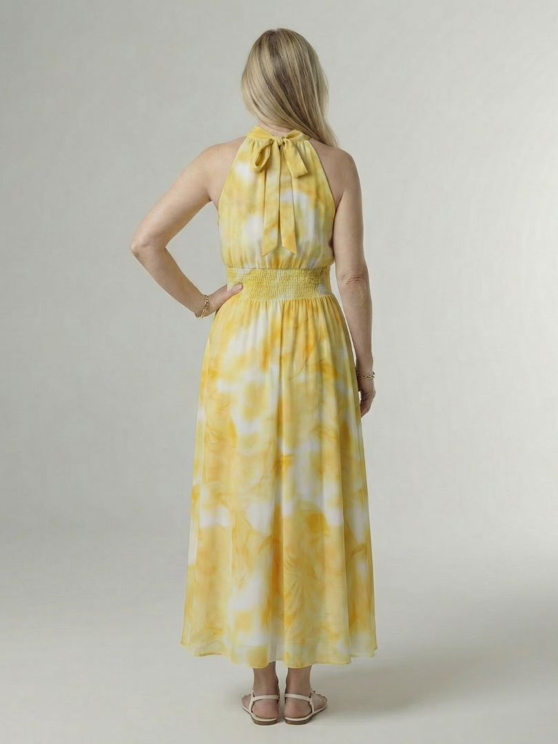 Midi Dress with Gathered Halter Neckline - Yellow
