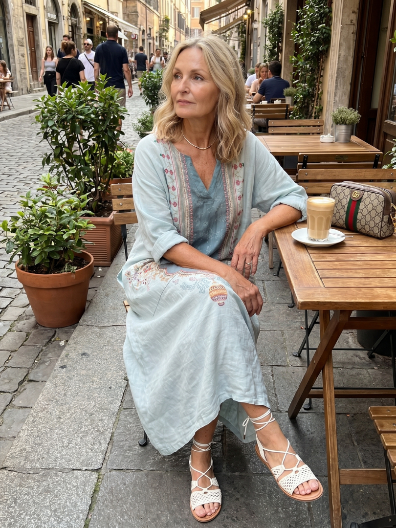 Oversized Midi Dress with Ornamental Embroidered Panel and Pockets