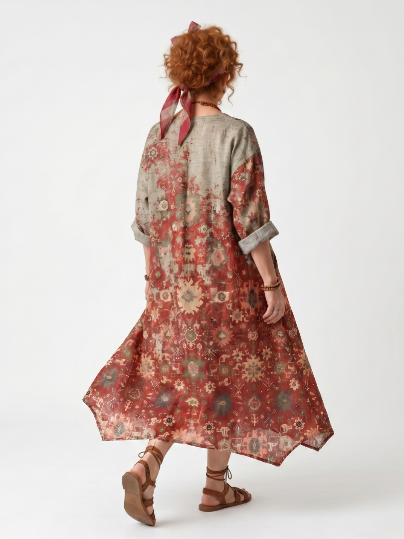 Casual Mixed Print Midi Dress with Pockets