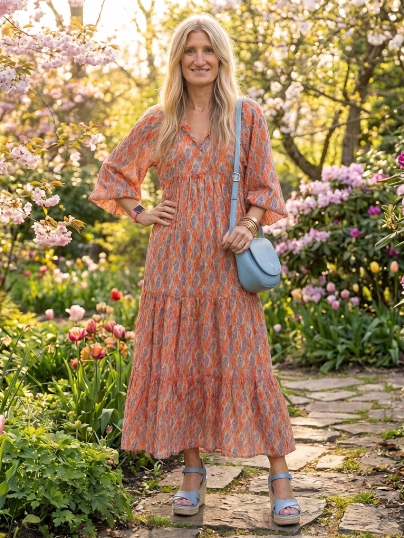 Tiered V Neck Midi Dress with Geometric Print