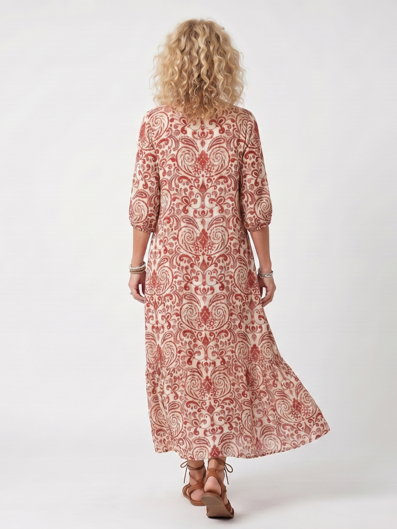 Tie Front Midi Dress with Ornamental Print