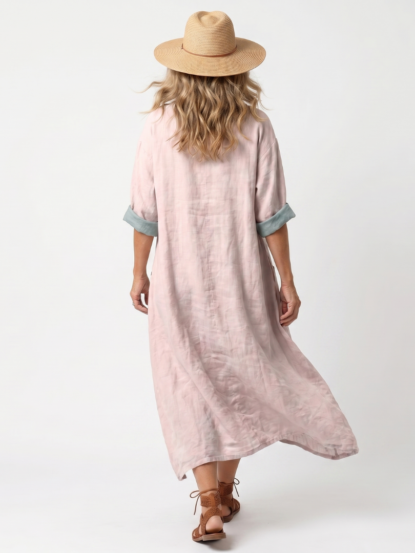 Casual Midi Dress with Embroidered Panel and Pockets