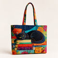 Artisan Tote Bag Black Cat with Books and Cups