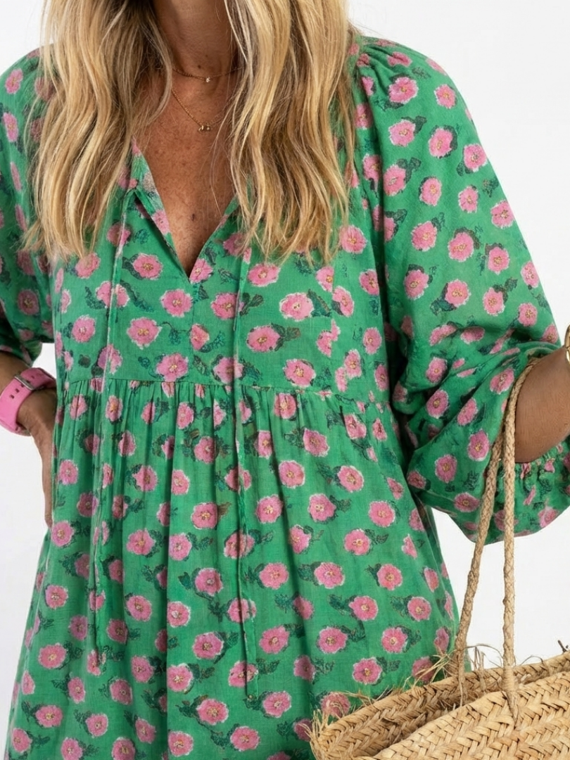 Tiered V Neck Midi Dress with Floral Print