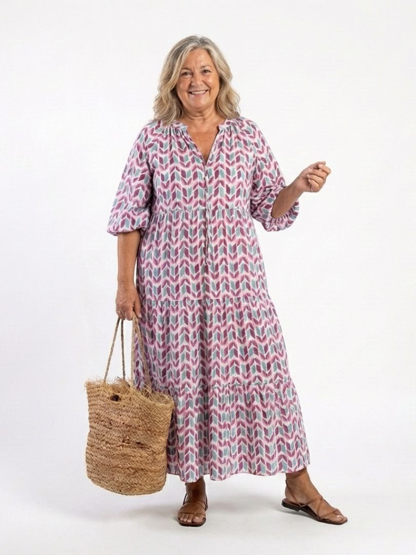 Tiered Long Sleeve Midi Dress with Geometric Print
