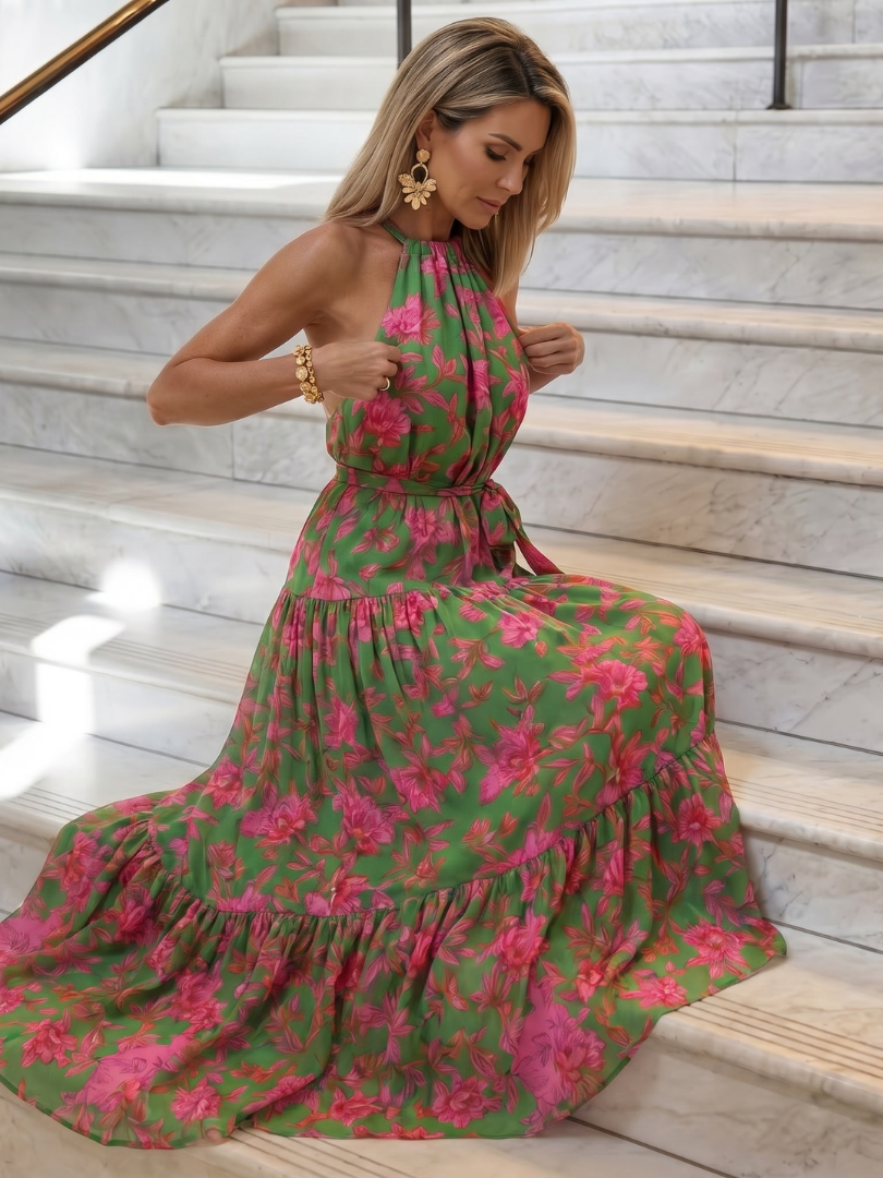 Draped Pink Midi Dress with Elegant Halter Neckline