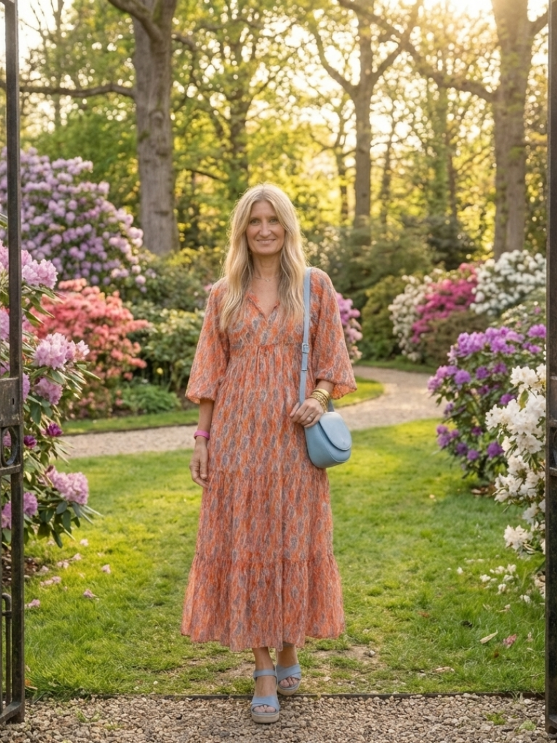 Tiered V Neck Midi Dress with Geometric Print
