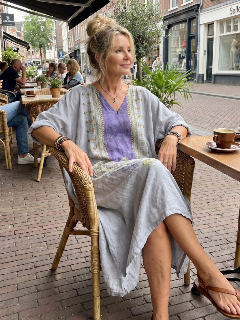 Oversized Midi Dress with Contrast Embroidered Panel and Pockets
