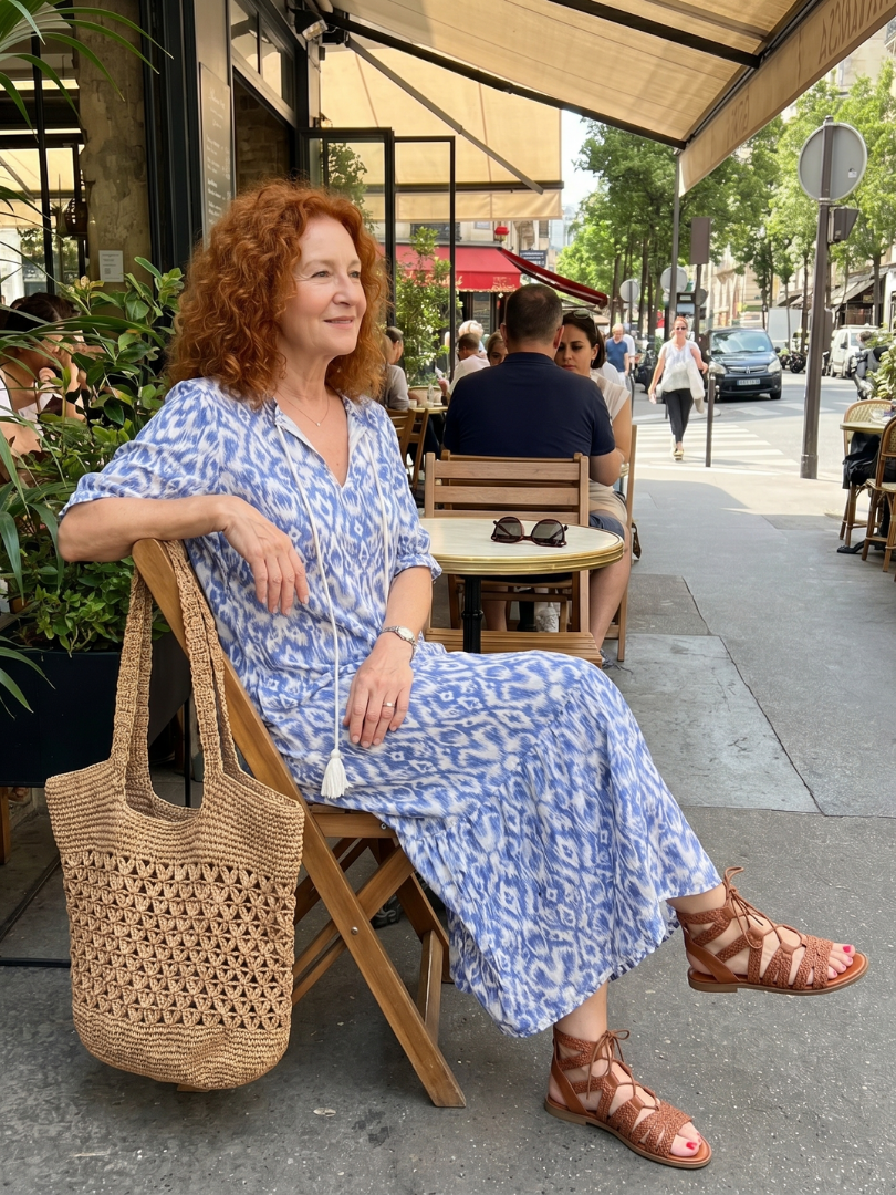 Printed Midi Dress with Tie Neck and Pom Poms