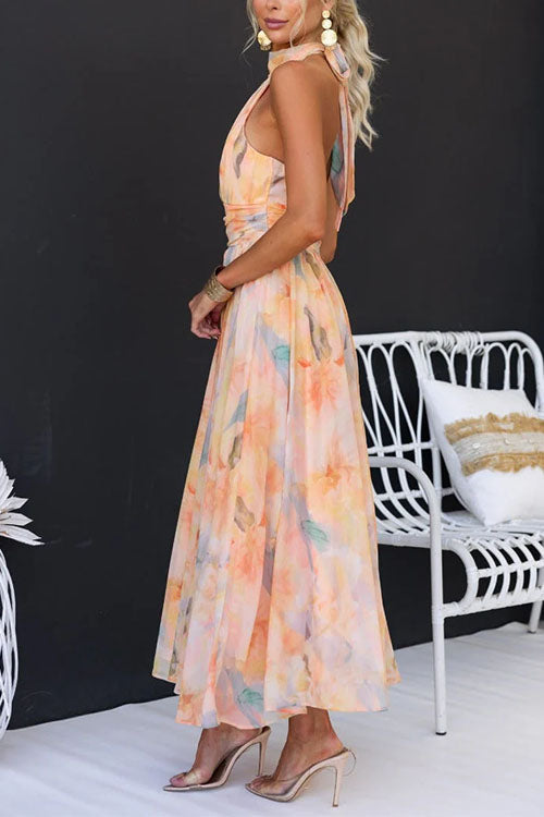 Watercolor Print Maxi Dress with Open Back