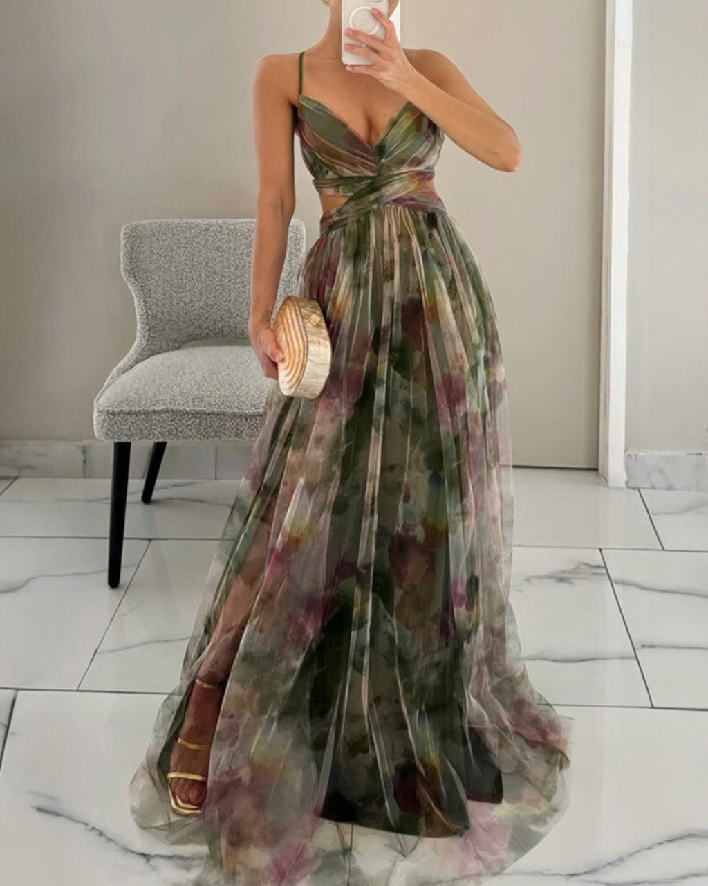 Watercolor Floral Print Silk Maxi Dress