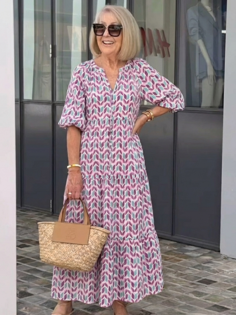 Tiered Long Sleeve Midi Dress with Geometric Print