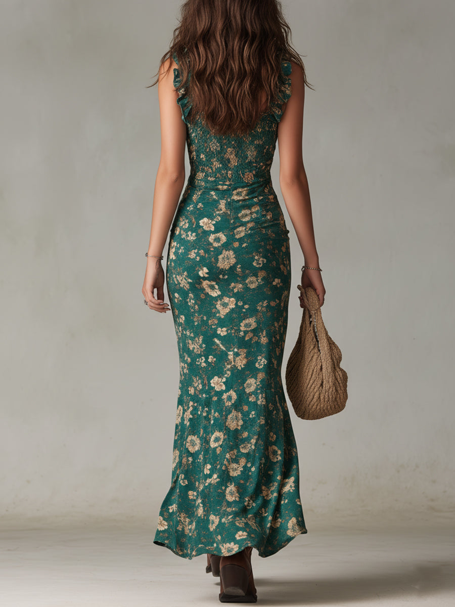 Retro Bohemian Maxi Dress with Puff Sleeves and Elegant Slit