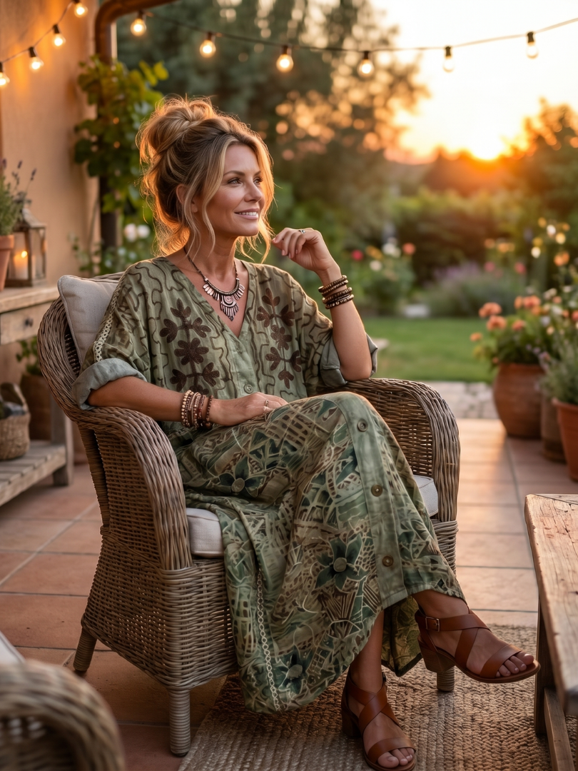 Oversized Button Front Embroidered Midi Dress with Pockets