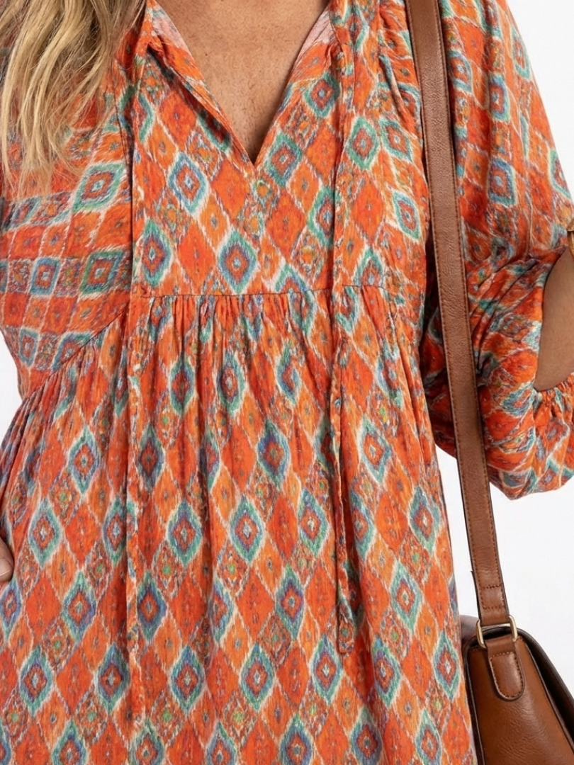 Tiered V Neck Midi Dress with Geometric Print