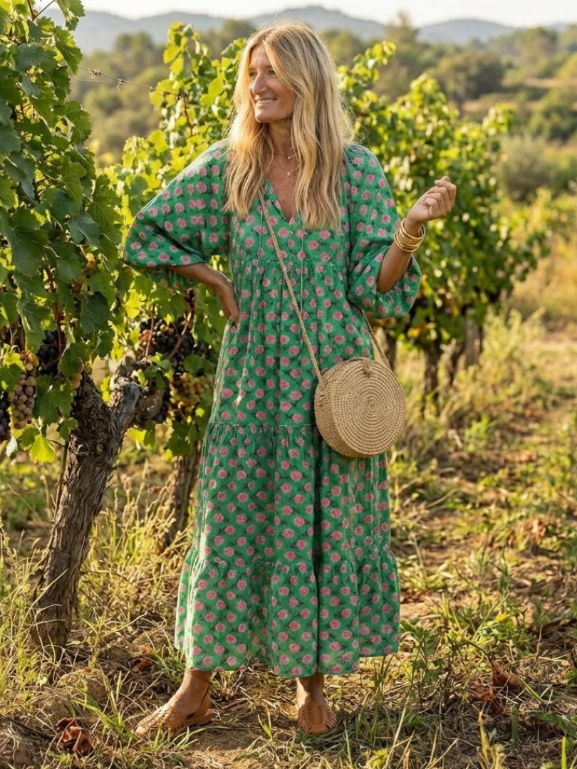 Tiered V Neck Midi Dress with Floral Print