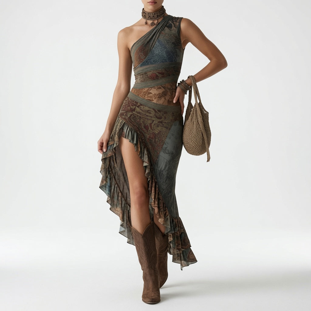 Asymmetric Maxi Dress with Ethnic Print and Side Slit - Marianna
