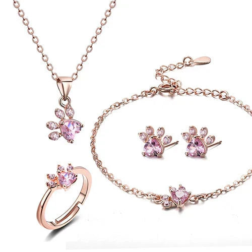 Four Piece Jewelry Set with Zirconia Paw and Heart